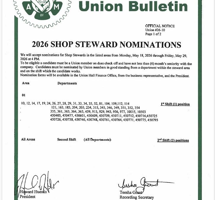 1st and 2nd Shift Shop Steward Nominations